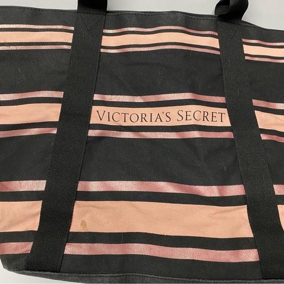 Victoria’s Secret Love Victoria Large Tote Bag Black Metallic Pink Stripes - Picture 2 of 5